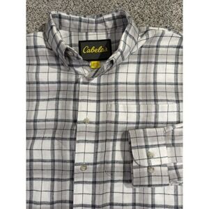 Cabela's Flannel White Gray Plaid Mens Large Tall Shirt Long Sleeve Button Down